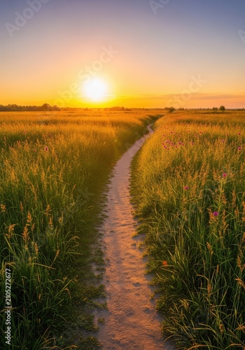 Golden sunlight bathes a winding dirt path through tall wild grasses and blooming meadows under a warm sky during a peaceful summer evening, sunshine, wild, botany