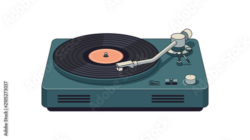 Retro turntable playing vinyl record isolated on white background