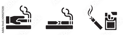 Tableau sur toile Set of black smoking icons isolated on transparent background smoking cigarette in hand cigar and e-cigarette