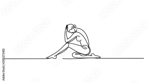 Bild auf Leinwand Continuous single line drawing of a sad woman sitting on the floor feeling lonel