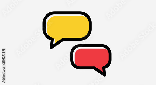 Speech bubbles in yellow and red represent communication and dialogue between two parties in a digital interface.
