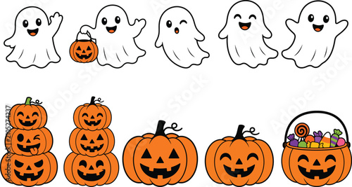 Playful ghosts and jack-o'-lanterns during Halloween celebration with candy basket vector illustration