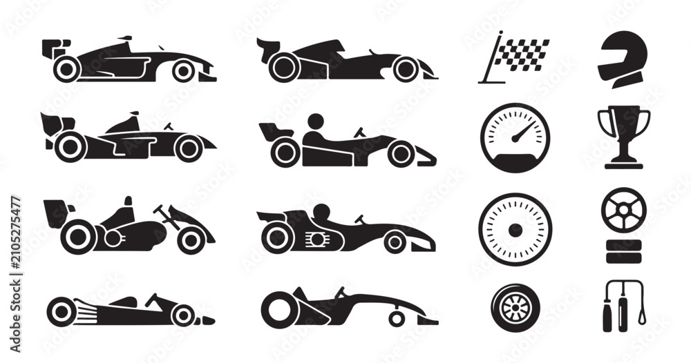Obraz premium Racing car icons set, race sport cars, formula one vehicles and accessories vector illustration.