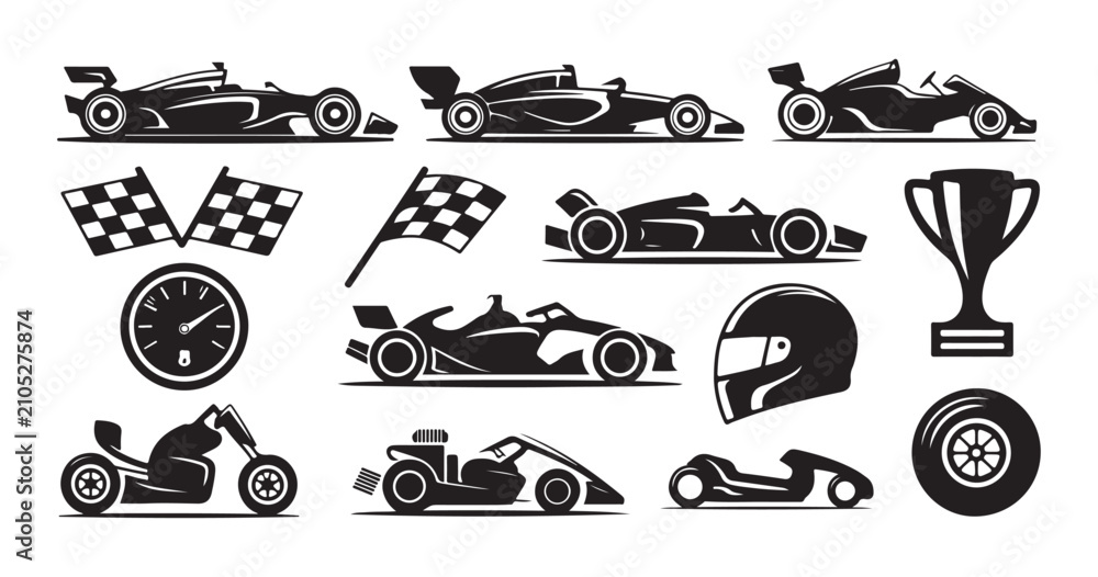 Obraz premium Set of racing car icons, race sport cars, formula one vehicles and accessories vector illustration.