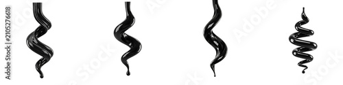 Four glossy black liquid spirals flowing on a solid black background
