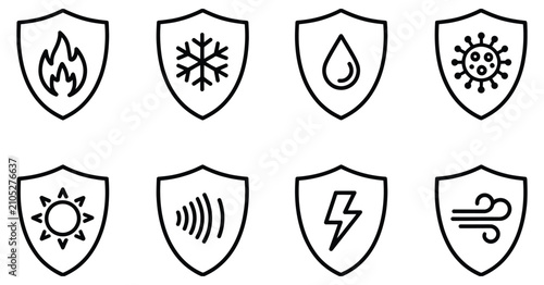 Foto Shield Protection Line Icon Set Featuring Fire Waterproof Frost Virus Sun Sound