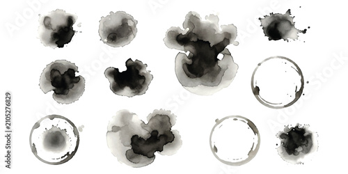 Quadro su tela Set of black watercolor ink splashes and coffee cup stains