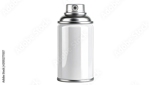 A clean white aerosol spray can with a metallic silver top and base stands against a black background.