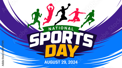 National Sports Day with silhouetted athletes and date on abstract Transparent Background