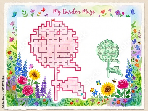 Printable Flower maze puzzle with highlighted solution path in garden theme  