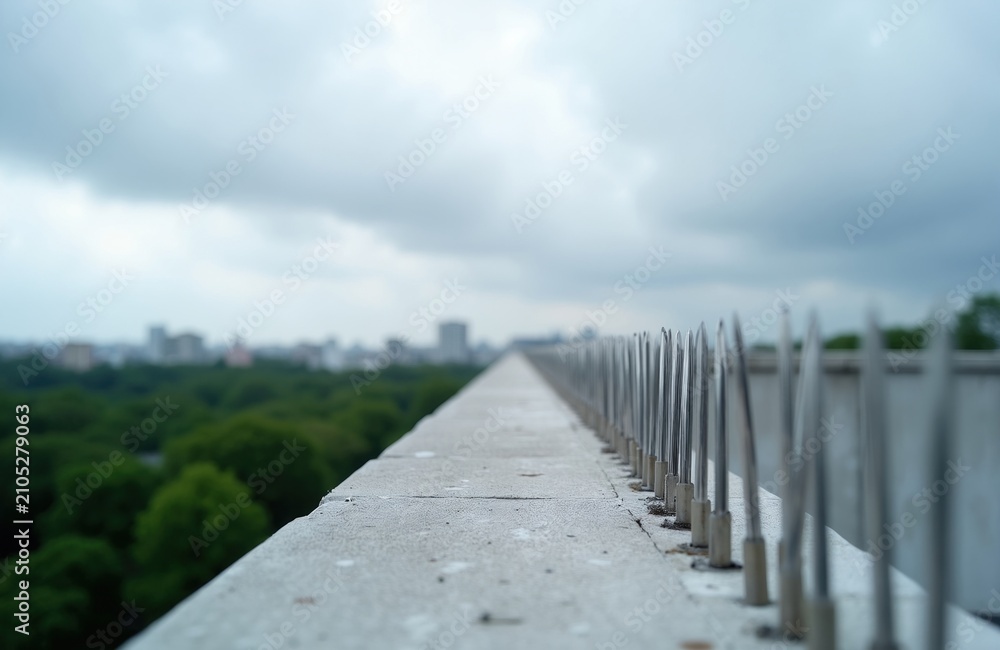 Fototapeta premium Stainless steel bird spikes line roof edge for animal deterrent protection. Sharp metal needles prevent pigeons landing on building ledge surface. Outdoor pest control hardware installs on terrace