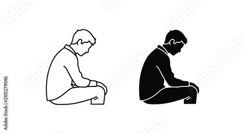 Принти на полотні Seated person outline and black silhouette against a white background