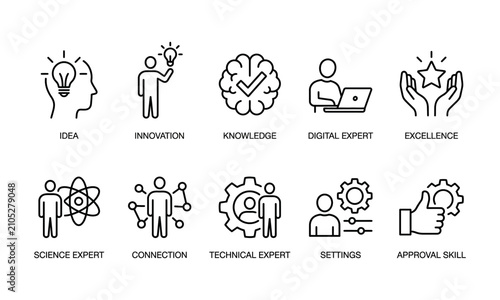 Knowledge skills innovation idea digital expert excellence science connection technical settings approval outline vector for educational platform e-learning software technology startup presentation.