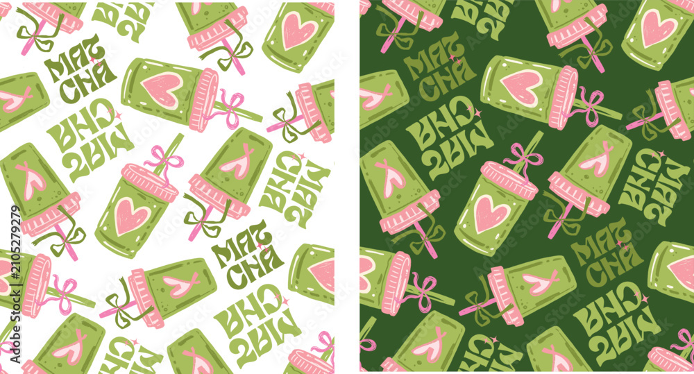 Fototapeta premium Matcha lover club. Color hand drawn doodle matcha art.