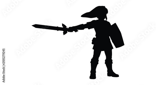 Obraz na płótnie Warrior with sword and shield dynamic pose black silhouette fighter