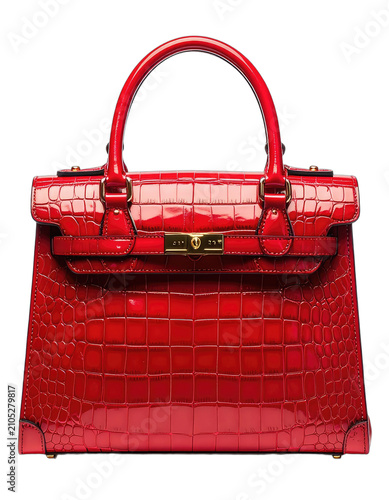 A glossy red crocodile-embossed handbag with gold hardware on a black background.