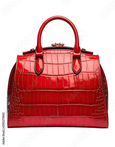 A glossy red crocodile-textured handbag with a black background.