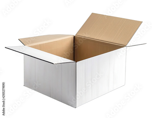 An empty, white-faced cardboard box with its flaps open.