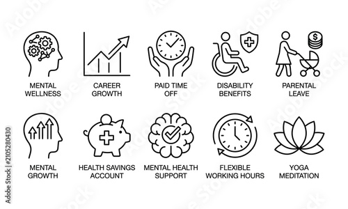 Work life balance wellness mental career growth paid time off disability benefits parental leave health savings account outline icons vector for company employment policy human resources brochure.