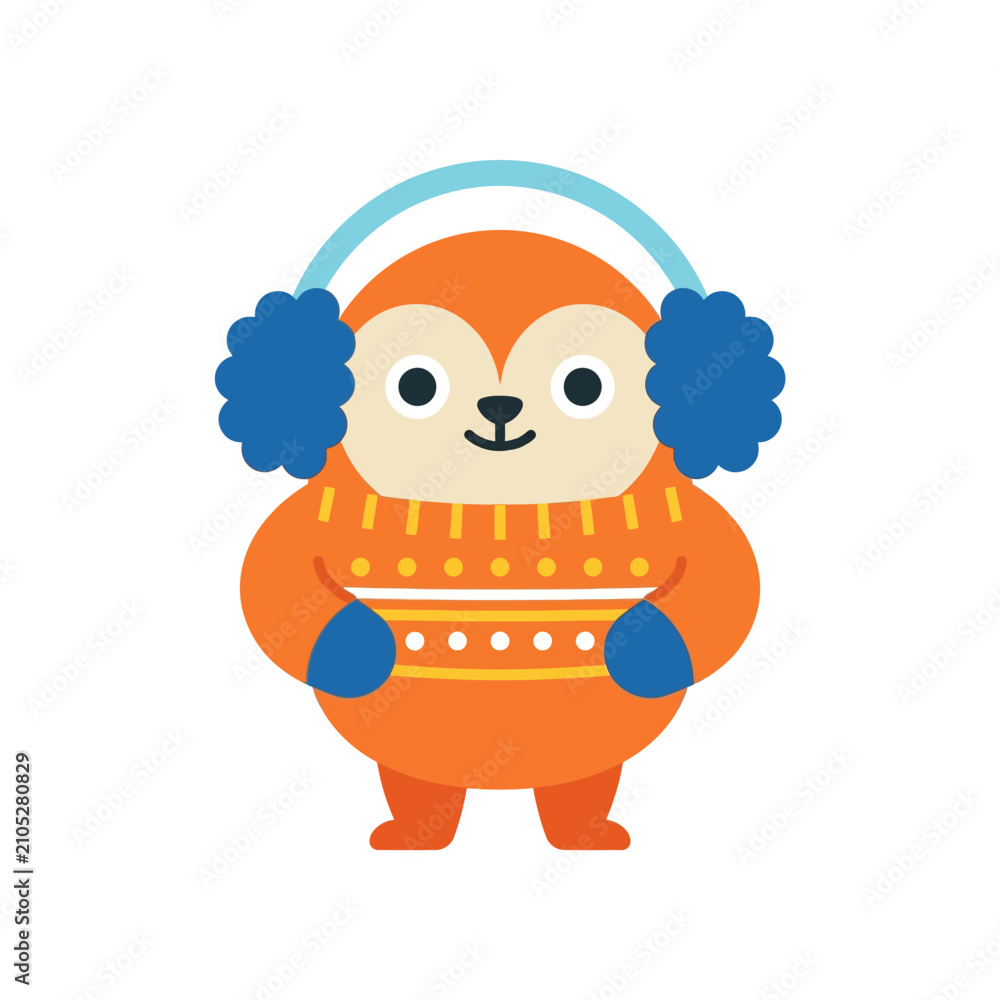 Obraz premium Cute Orange Sloth Character Wearing Winter Sweater and Earmuffs