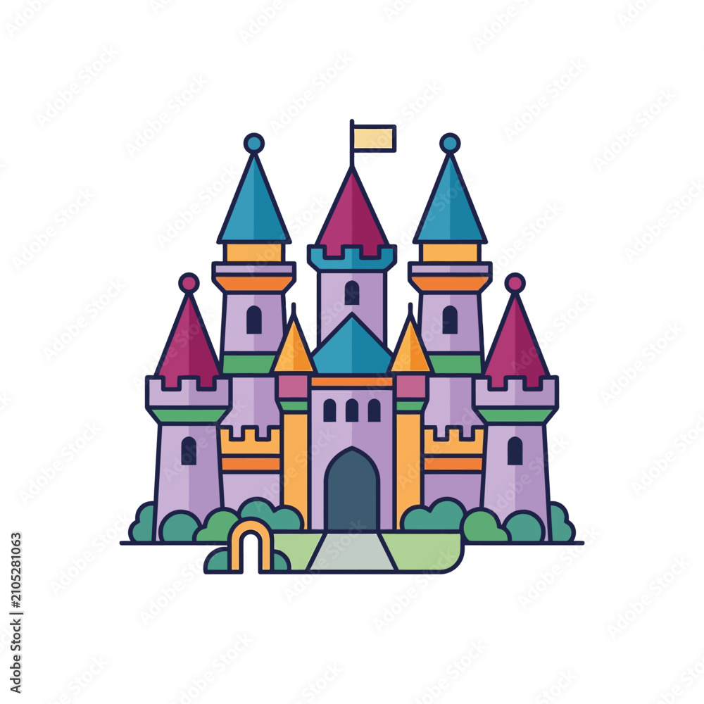 Fototapeta premium Colorful Cartoon Castle Illustration with Towers and Flags, Fairytale Landmark