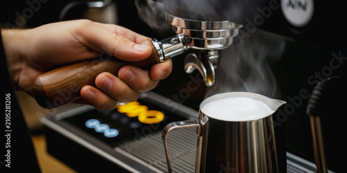 Barista steaming milk for espresso in a coffee shop