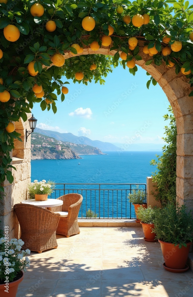Obraz premium Mediterranean stone terrace features wicker chairs, table under lemon tree archway. Scenic view over blue sea water, sunny coastal hills landscape. Tranquil outdoor patio provides luxury vacation
