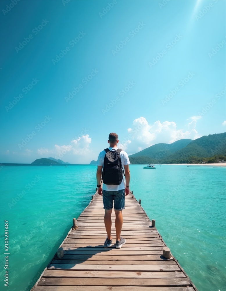 Fototapeta premium Young man with backpack stands on wooden pier overlooking turquoise tropical ocean water. Traveler explores coastal scenic destination during bright sunny summer vacation trip. Male tourist enjoys