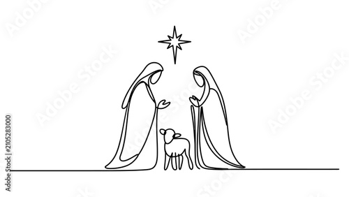 Fotografie Continuous single line drawing of the holy nativity scene with mary joseph and a