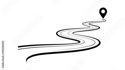 Black silhouette of a winding road leading to a map location pin icon on a white background isolated on white background, Vector, illustration