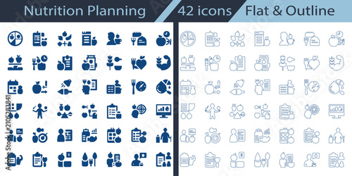 Cuadro en lienzo Nutrition Planning flat, outline icon set featuring diet chart, meal prep, healthy diet, calorie tracking, recipe book, hydration tracker, and dietitian collection for wellness UI
