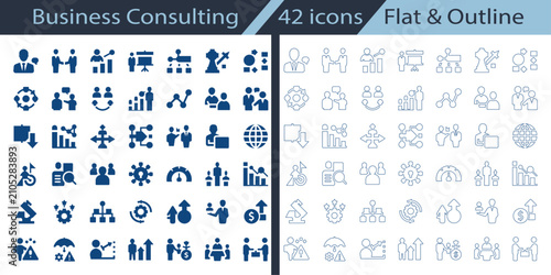 Business Consulting flat, outline vector icon set featuring handshake, analytics, teamwork, line graph, hierarchy, and dashboard for corporate web UI design.