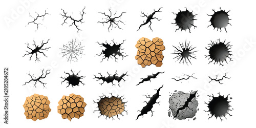 Foto Set of black cracks and ground fractures for surface damage and destruction desi