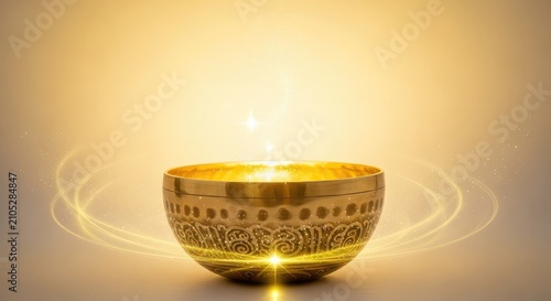 A handcrafted golden singing bowl emits glowing ethereal light and shimmering energy particles during a spiritual sound healing session, frequency, holistic, spiritual