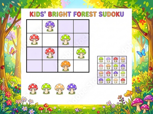 Kids' bright forest Sudoku puzzle with colorful Mushrooms for concentration and education