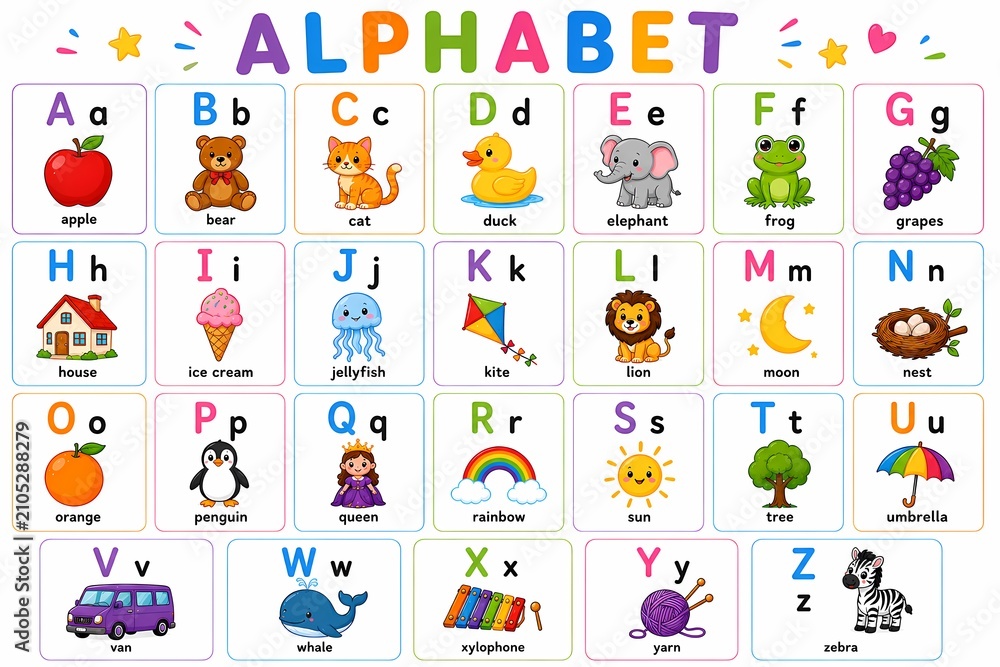Fototapeta premium English alphabet poster with cute animals and objects. ABC learning chart for preschool and kindergarten kids. Educational printable