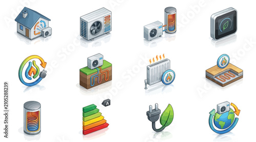 Collection of energy and technology icons on cubes.