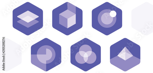 Abstract hexagon icon set. Modern geometric shapes layered stack, 3D cube, sphere lens, pyramid, overlapping circles. Technology artificial intelligence, startup logo design, software application UI 