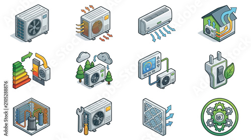 Collection of Isometric Air Conditioning and HVAC System Icons.