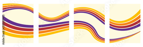 Abstract colorful 70s background vector. Vintage retro wallpaper with rainbow stripes and wavy lines. A 1970 color illustration suitable for posters, banners, decorative items and wall art.
