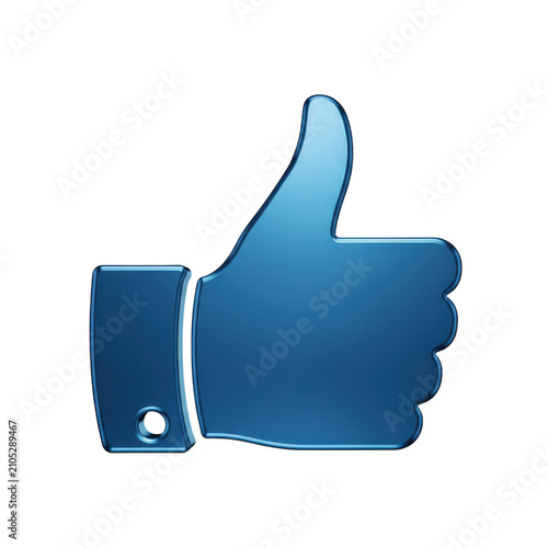 Blue thumbs up like icon with metallic finish on transparent grid background for.