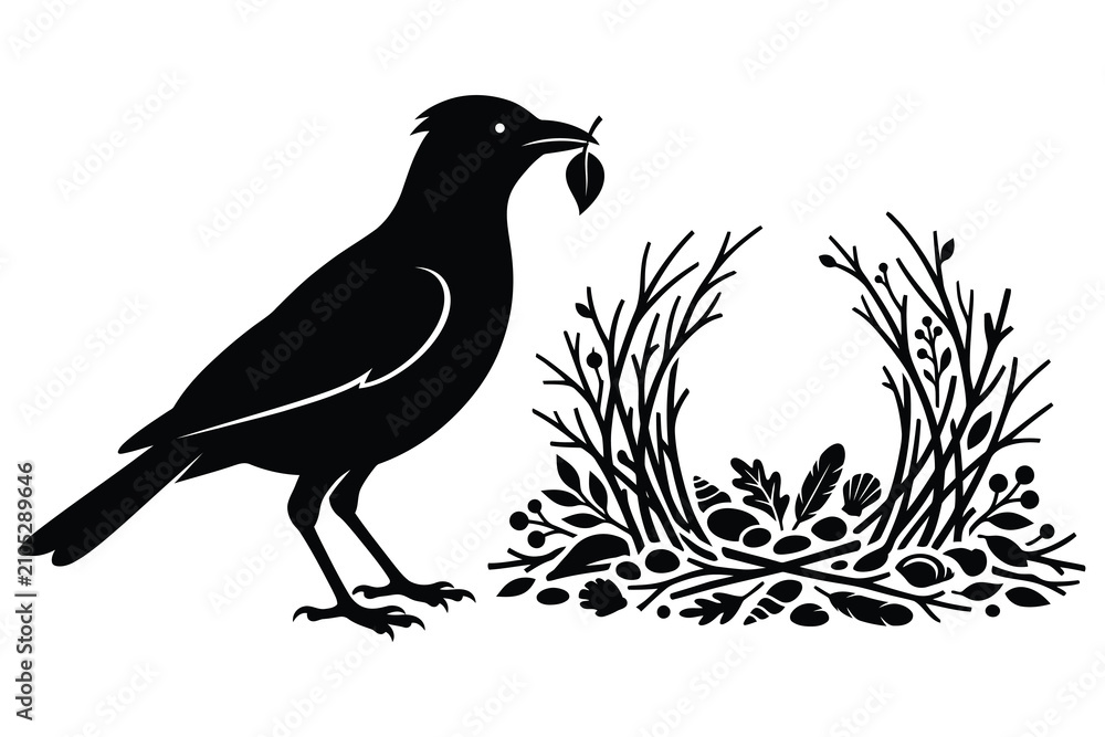 Fototapeta premium Black bird standing near forest plants with berries illustration