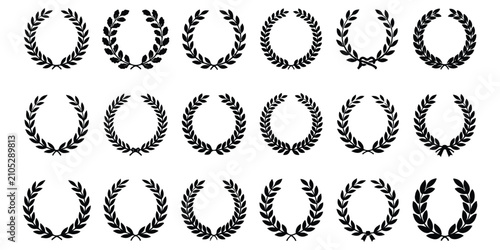 Tableau sur toile Set of black laurel wreaths and olive branch circular frames for heraldry and aw