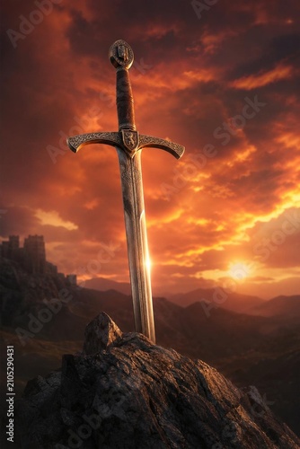 Knight's longsword thrust into craggy rock, dramatic sunset backlight, heroic.