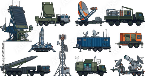 Military Communication and Radar Equipment Isometric Vector Collection with Defense Technology Systems