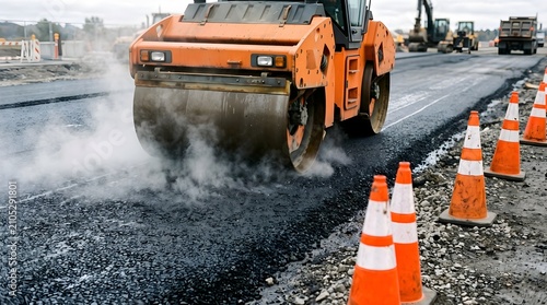 Heavy asphalt roller compacting fresh hot pavement, road construction site with orange traffic cones, industrial machinery paving new highway surface