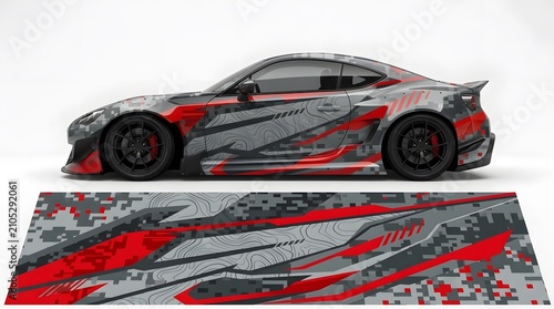 Modern Digital Camouflage Car Wrap Design with Red Accents - Sporty Vehicle Graphics Kit