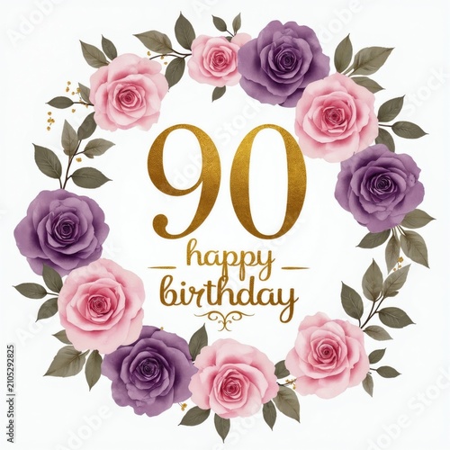 Golden number 90 with happy birthday text surrounded by pink and purple rose wreath. Elegant floral design for special ninety year celebration.