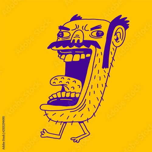 Funny screaming cartoon man head with big open mouth and mustache on yellow background vector illustration