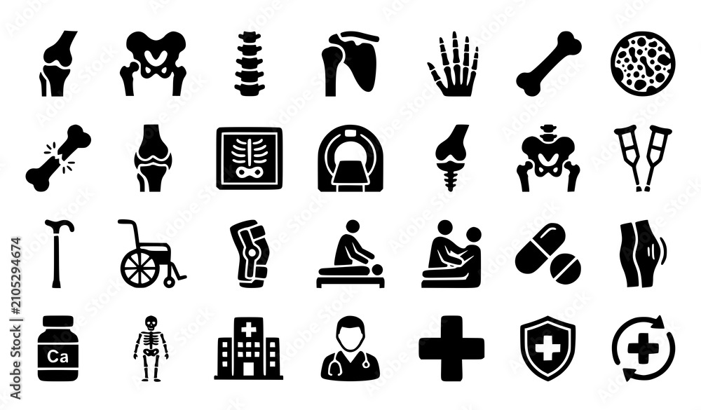 Fototapeta premium Arthritis and Bone Health Solid Vector Icon Set Featuring Orthopedic Joint Replacement and Medical Care Symbols
